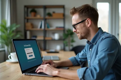 Homme d'âge moyen utilisant un ordinateur sécurisé à domicile