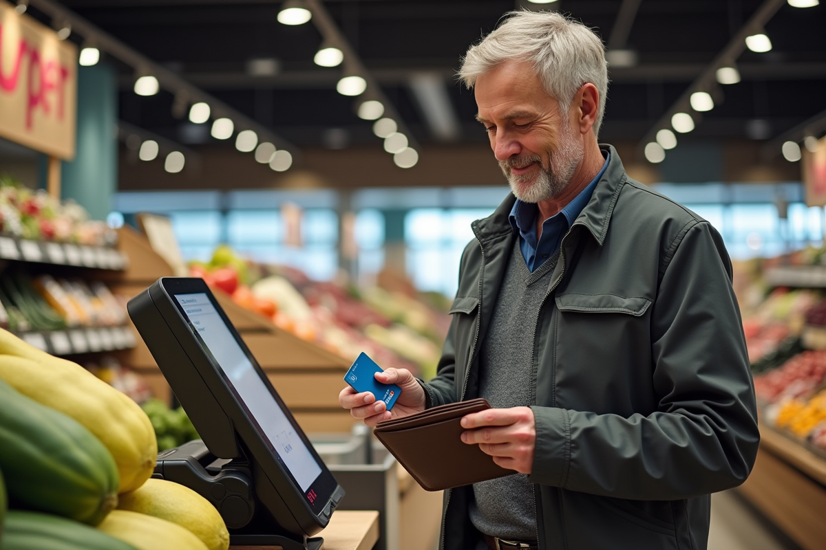 Homme utilisant sa carte pour payer au supermarche