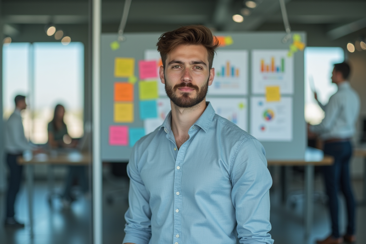 Jeune homme devant un mur de notes et graphiques sociaux