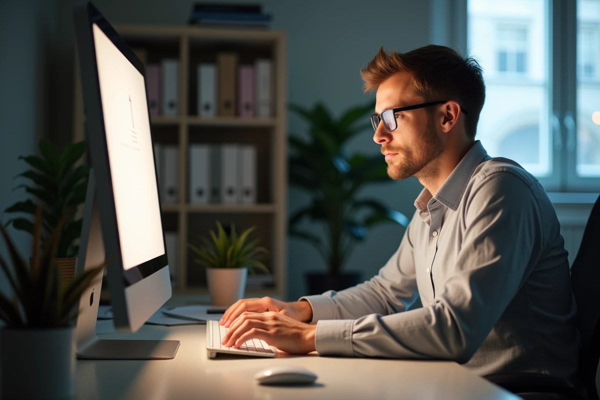 Homme en bureau privé rédigeant une note de service sur l'utilisation des outils numériques au travail