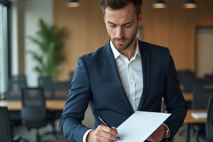 Jeune homme en costume signe une lettre de demission