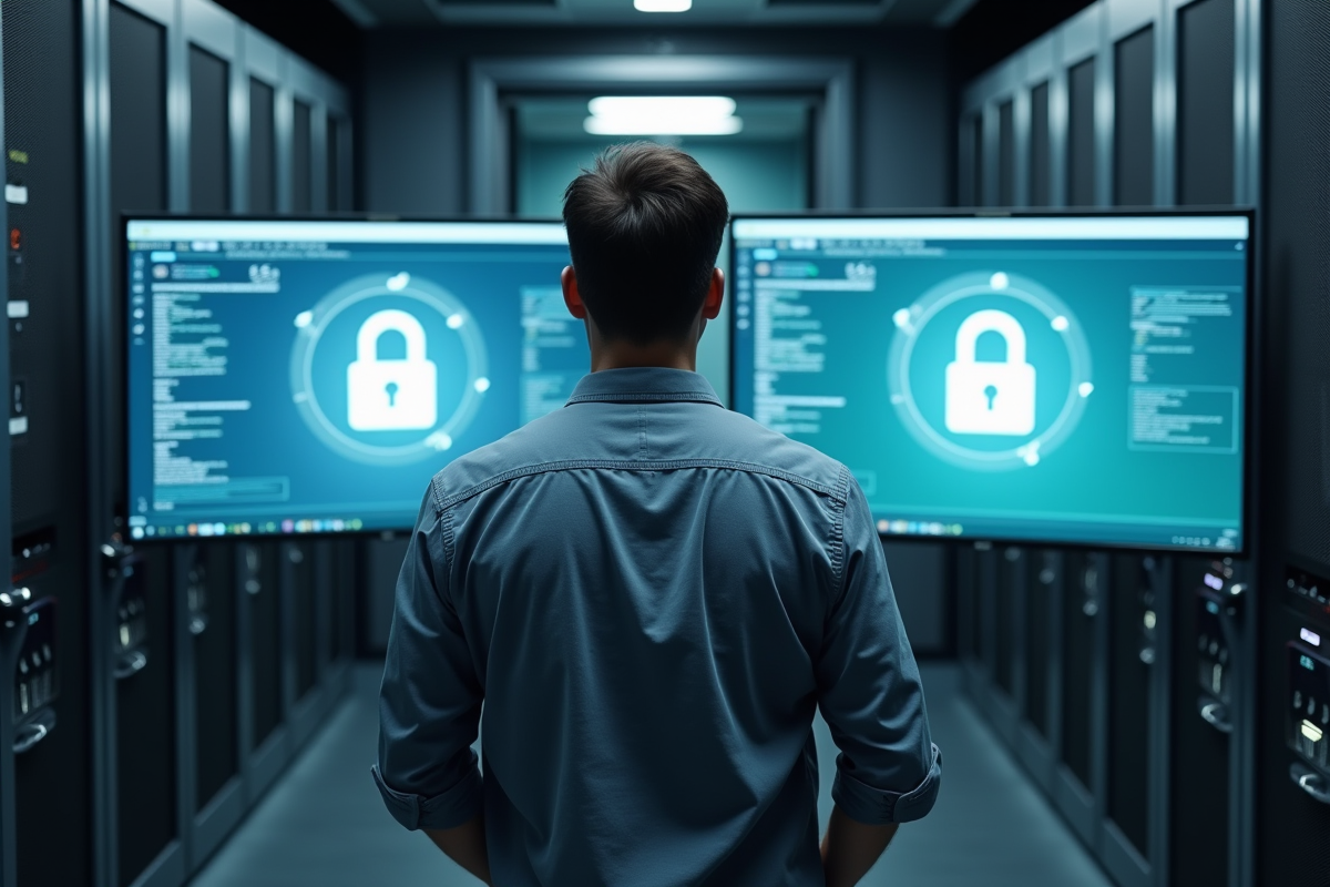 Homme en salle serveurs surveillant des écrans de données privées