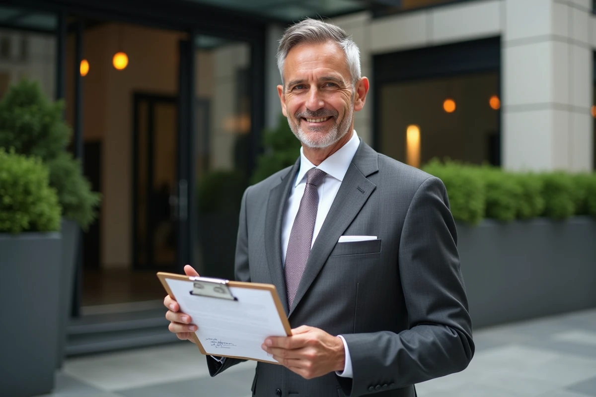 Homme signant un document en ext&eacute;rieur dans un environnement urbain