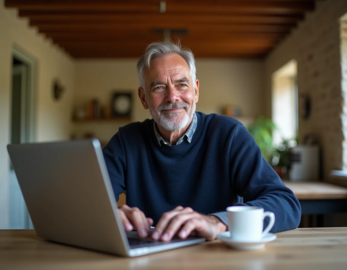 Homme en télétravail full remote dans une ferme rénovée en province française avec décor rustique authentique
