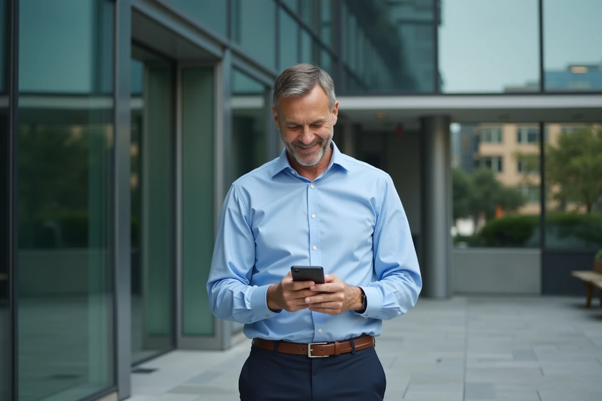 Homme d age moyen regardant son smartphone devant un immeuble