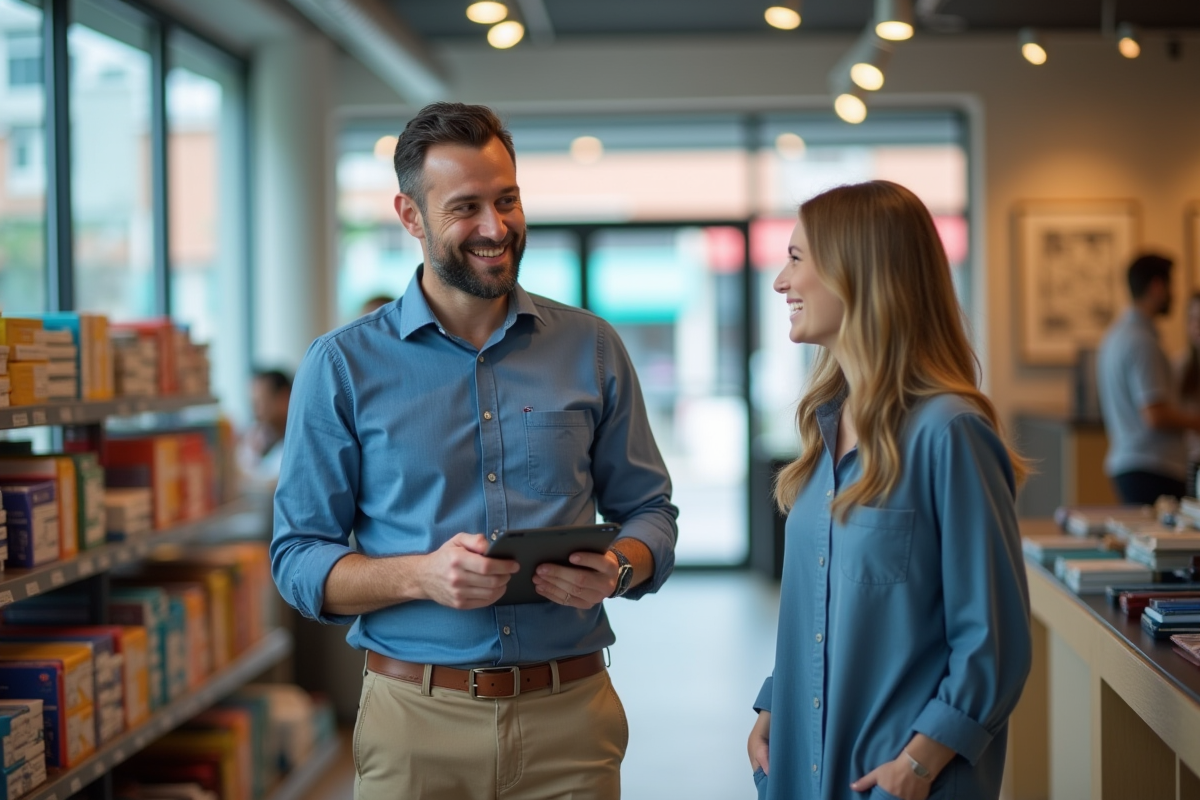 Homme en tenue casual accueillant un client dans un magasin