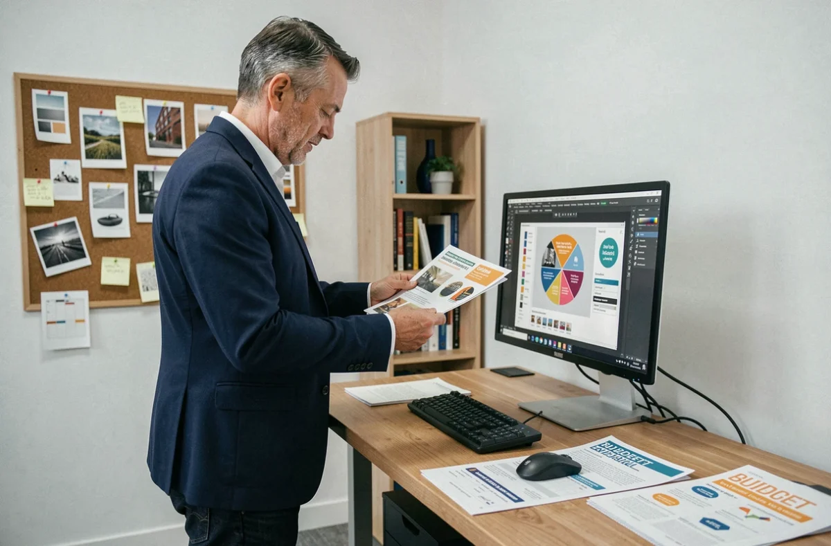Entrepreneur comparant des options de tirage circulaire sur ordinateur dans son bureau