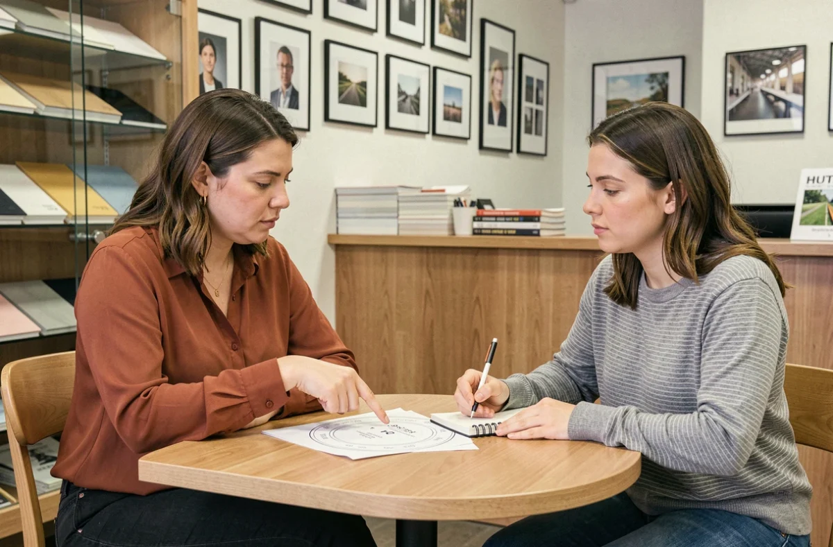Deux professionnelles discutant d'un devis d'impression circulaire dans une imprimerie