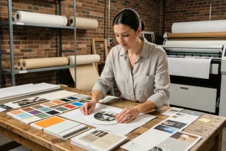 Graphiste examinant un tirage circulaire sur une table de studio d'impression professionnelle