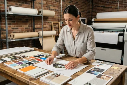 Graphiste examinant un tirage circulaire sur une table de studio d'impression professionnelle