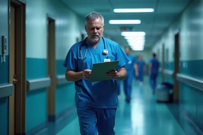 Infirmier de nuit dans un couloir d'hôpital consultant un planning, illustrant le travail de nuit et les primes associées