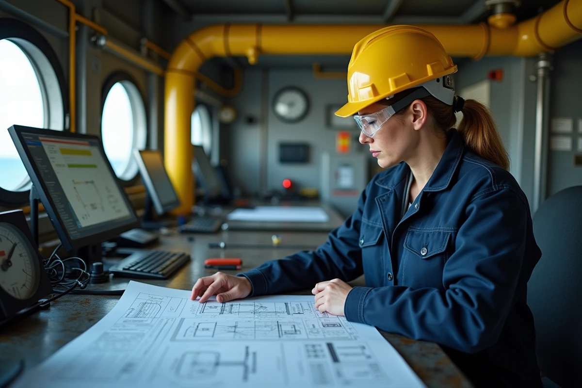Ingénieure pétrolière en salle de contrôle d'une plateforme offshore consultant des plans techniques