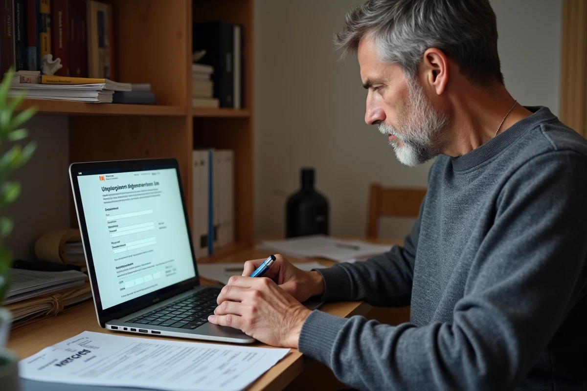 Homme remplissant un dossier de demande d'allocation chômage sur ordinateur après un licenciement pour faute grave, bureau à domicile