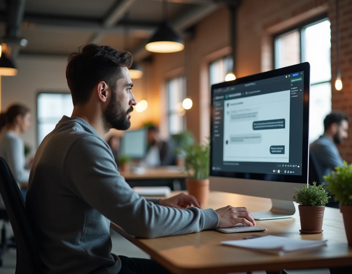 Professionnel paramétrant un widget de live chat en entreprise sur grand écran