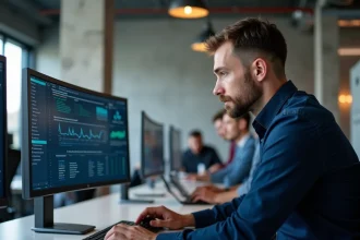 Ingénieur logiciel consultant des diagrammes d'intégration entre une application mobile Twimm et un ERP sur deux écrans dans un bureau moderne