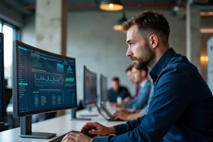 Ingénieur logiciel consultant des diagrammes d'intégration entre une application mobile Twimm et un ERP sur deux écrans dans un bureau moderne