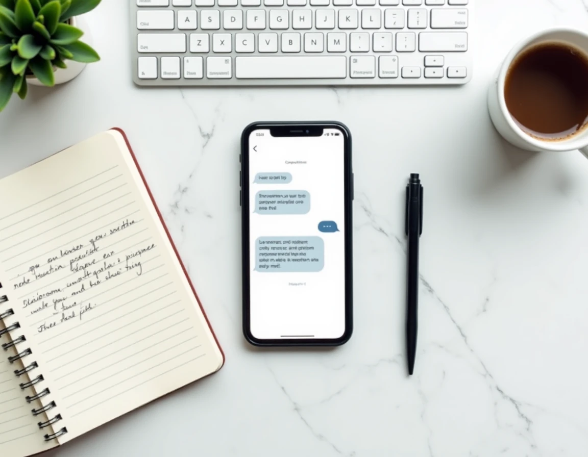 Vue aérienne d'un smartphone avec interface de live chat et notes de configuration sur bureau en marbre