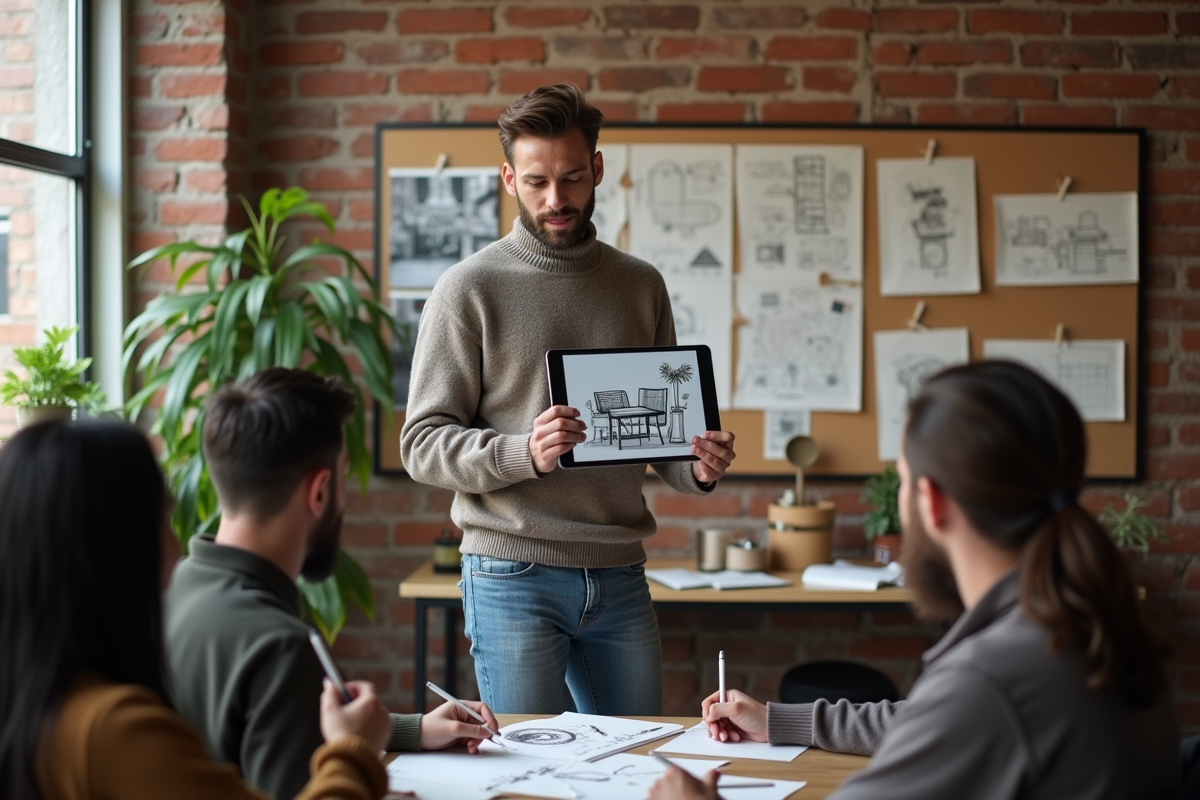 Jeune designer montre une illustration digitale à un groupe dans un studio créatif