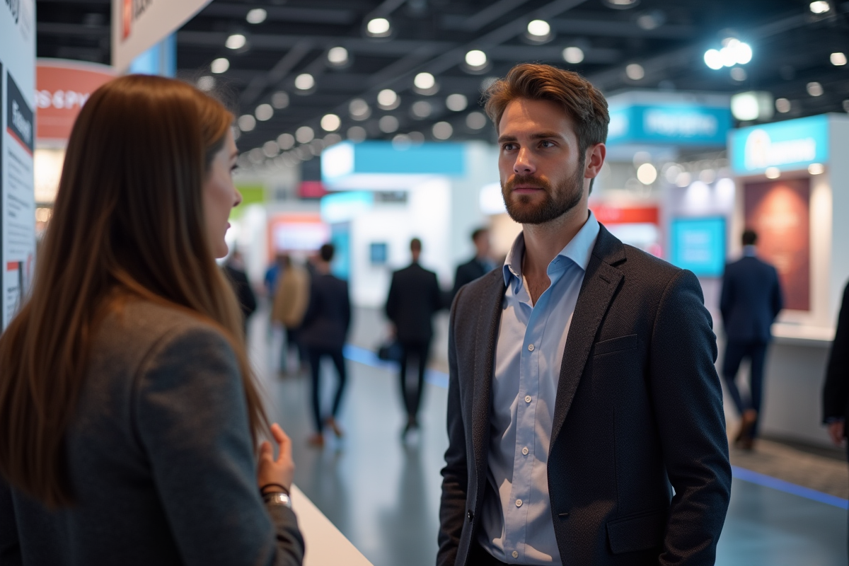 Jeune entrepreneur en stand lors d