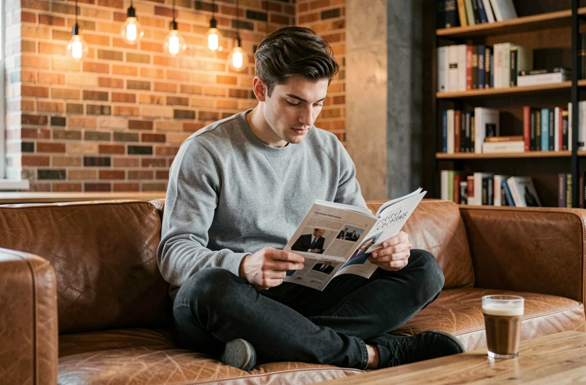Jeune entrepreneur lisant un magazine business dans un loft au design minimaliste et industriel