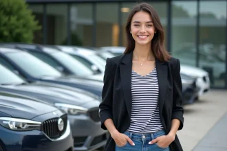 Jeune femme entrepreneure devant voitures d'occasion modernes