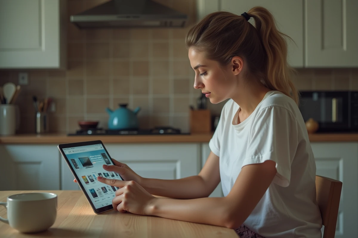 Jeune femme regardant une tablette dans une cuisine