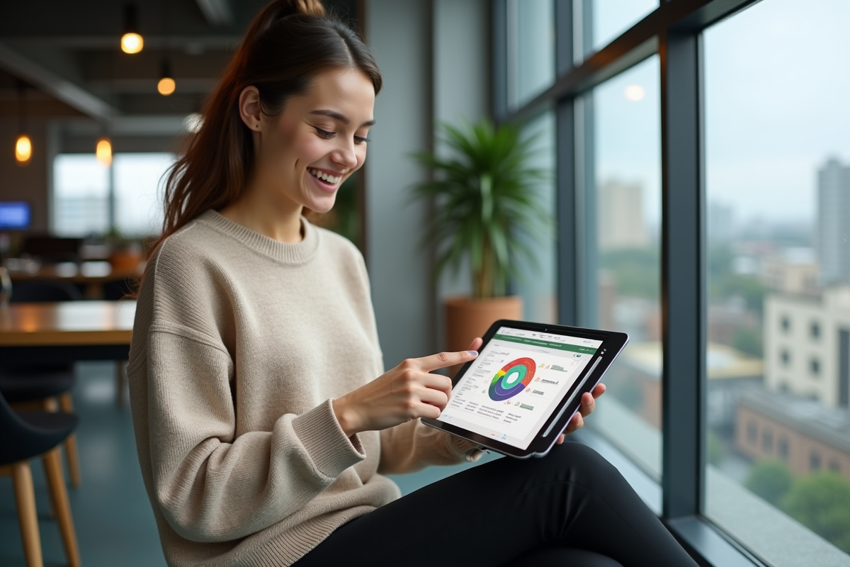 Jeune femme souriante expliquant un diagramme Excel sur une tablette en coworking
