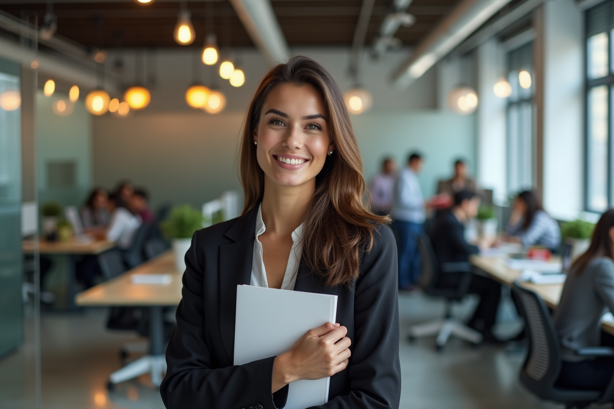Jeune entrepreneure souriante dans un espace de coworking dynamique