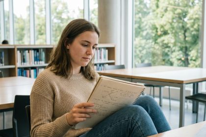 Jeune femme en classe étudiant ses notes dans un environnement moderne