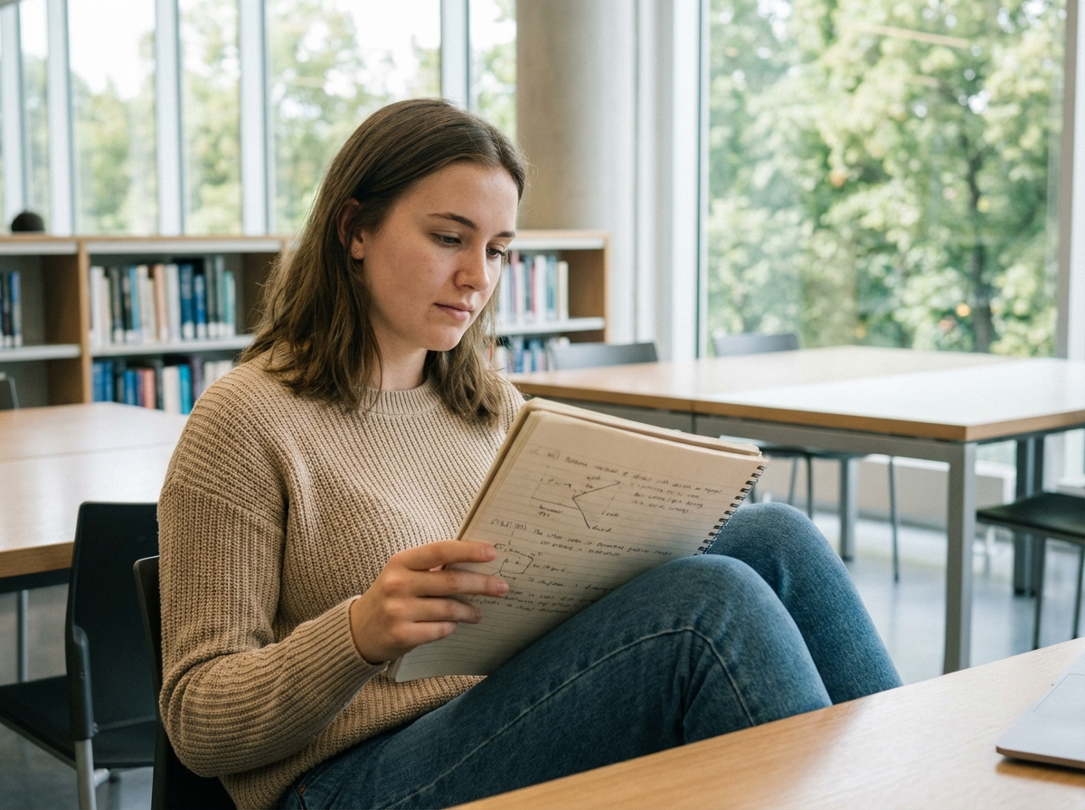 Jeune femme en classe étudiant ses notes dans un environnement moderne