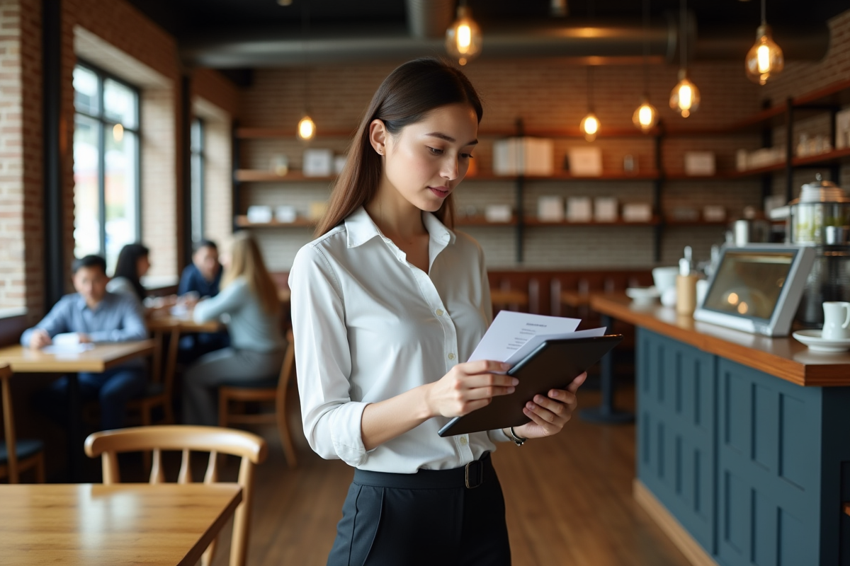 Jeune femme propriétaire de restaurant vérifiant ses reçus