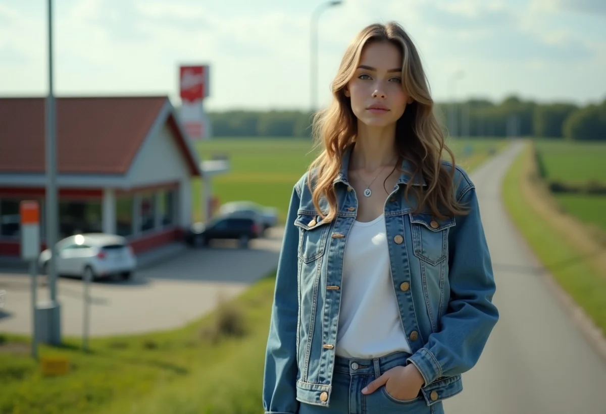 Jeune femme en denim près d un restaurant rural en France