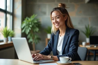 Jeune femme confiante travaillant sur un ordinateur dans un espace coworking