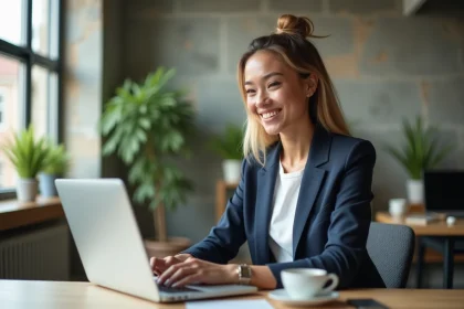 Jeune femme confiante travaillant sur un ordinateur dans un espace coworking