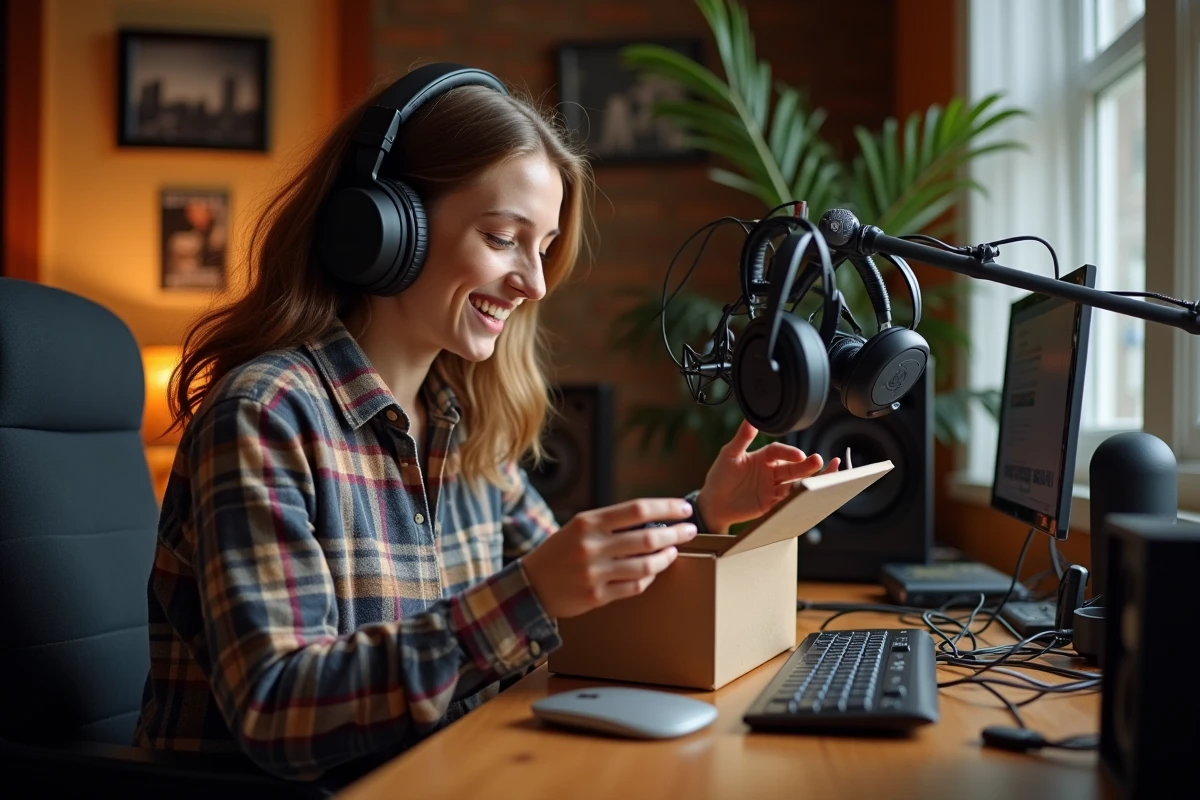 Jeune femme dans un studio maison avec casque et microphones
