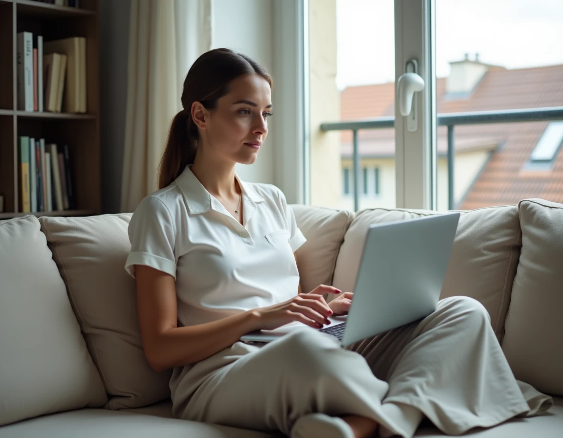 Jeune professionnelle en réunion visio en télétravail depuis son appartement dans une ville de province en France