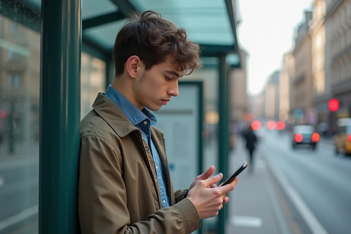 Jeune homme attendant au arr&ecirc;t de bus en consultant ses avis