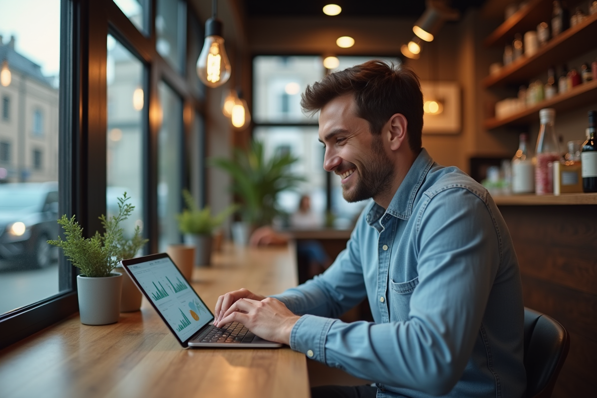 Jeune homme analysant des données email au café