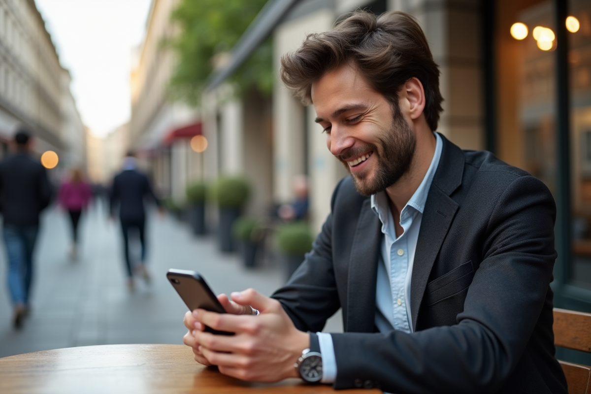 Jeune homme souriant consulte une application financière en extérieur