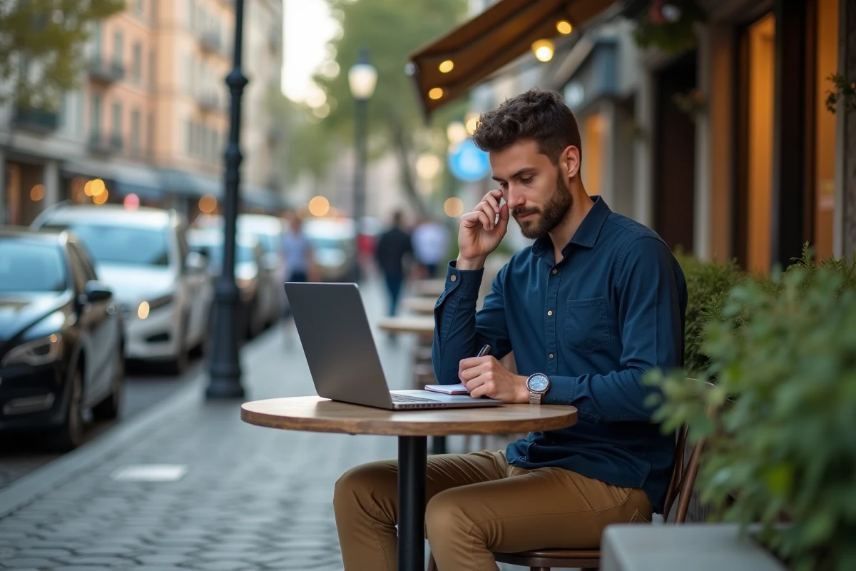 Jeune homme au café travaillant sur son ordinateur portable