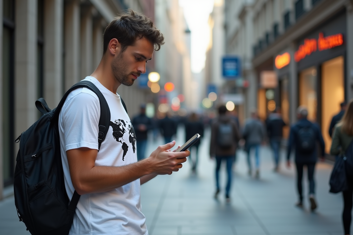Jeune homme regardant une carte sur son téléphone en ville