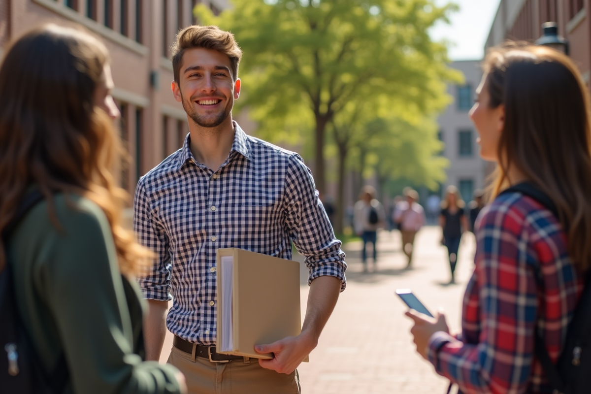 Jeune homme souriant dans la cour universitaire