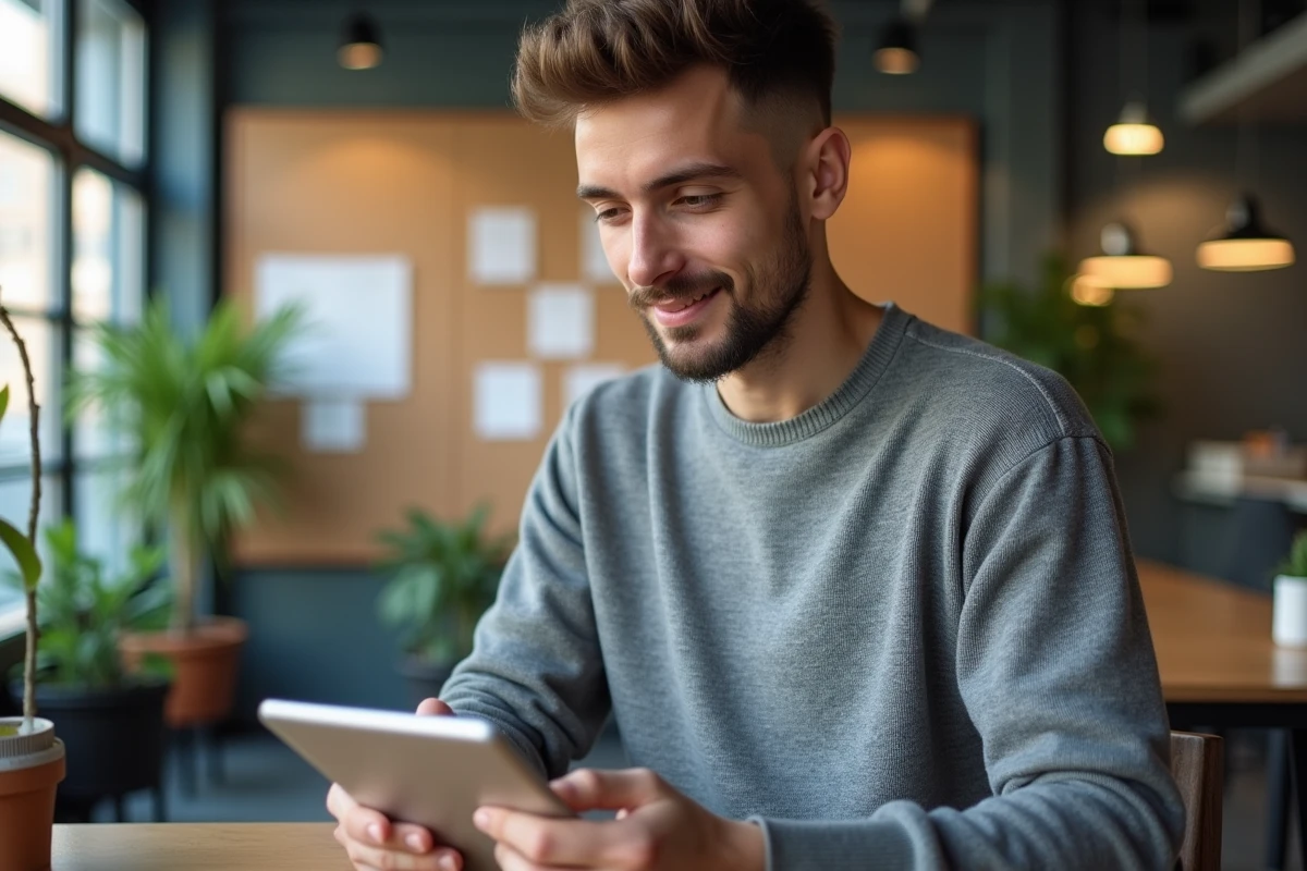 Jeune homme utilisant une tablette dans un espace de coworking