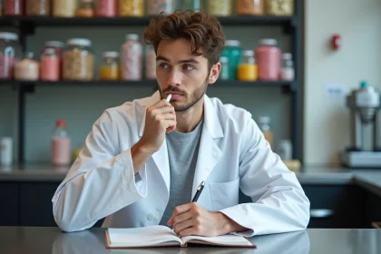 Jeune homme en laboratoire avec gomme et notes