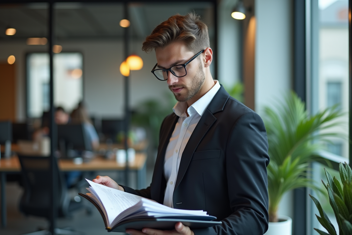 Jeune homme organisant des documents fiscaux au bureau