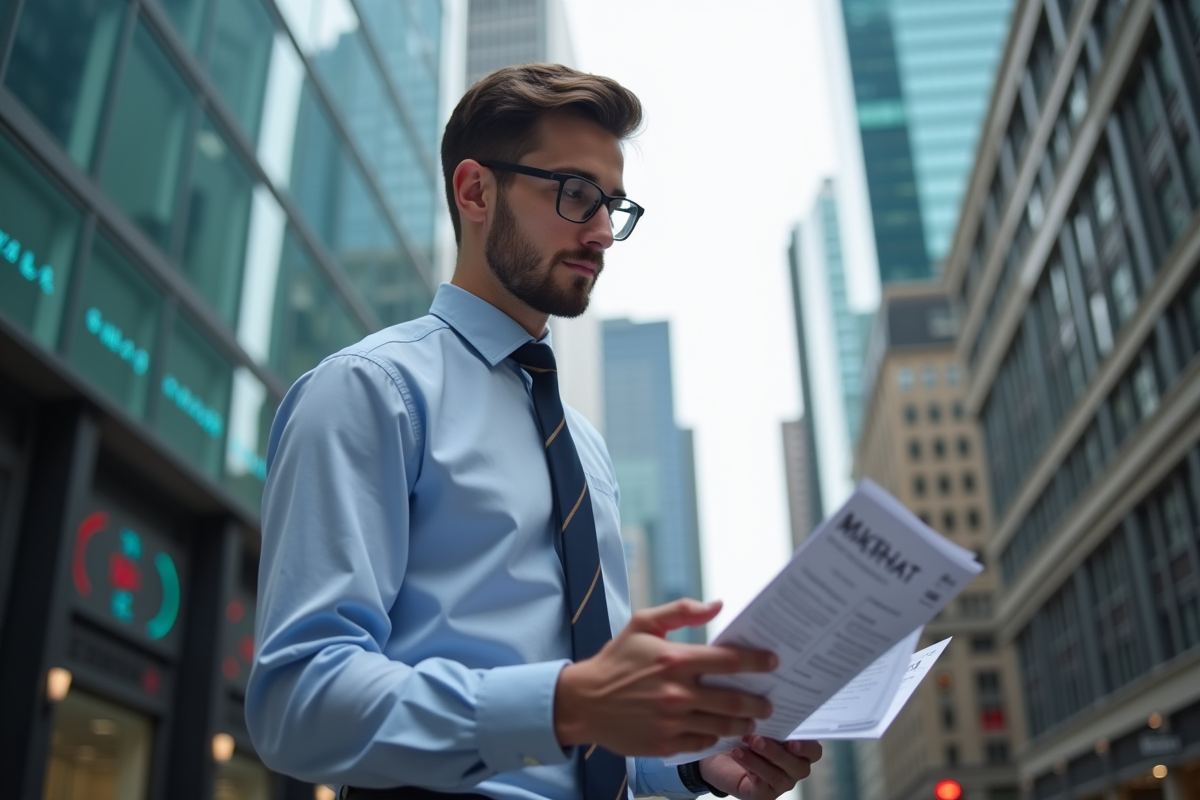 Jeune homme étudiant des rapports de marché en ville