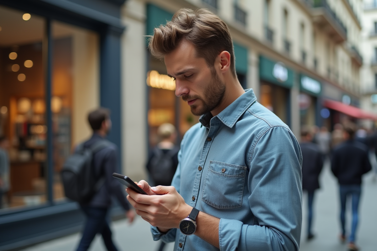 Jeune homme français téléphone dans la rue urbaine