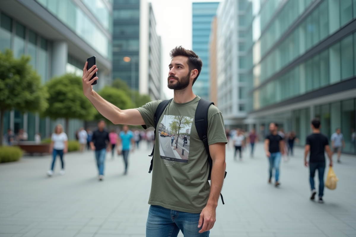 Jeune homme en ville enregistrement selfie dynamique
