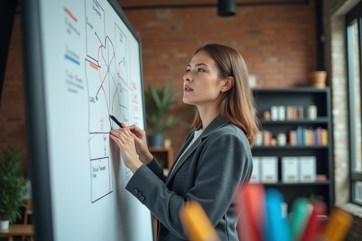 Jeune femme esquissant une carte mentale dans un espace créatif