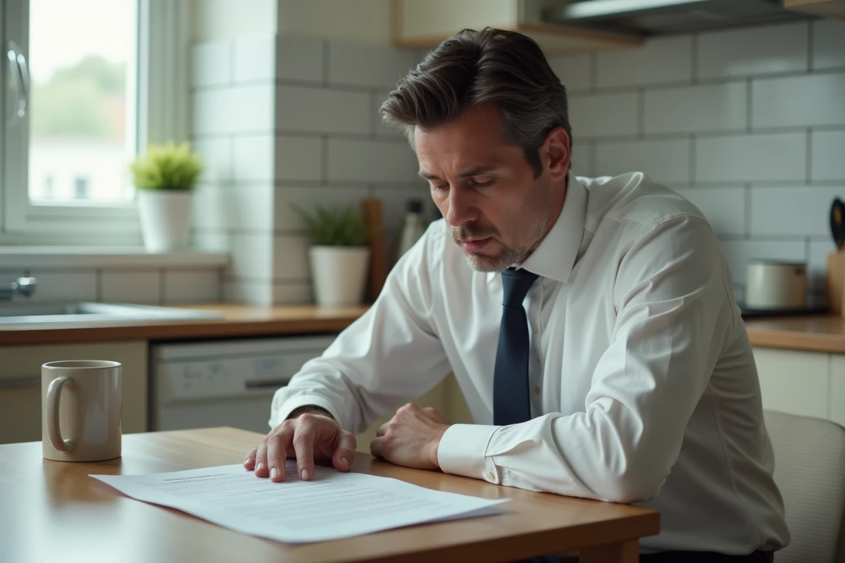 Homme en chemise froissée regardant une lettre de licenciement pour faute grave posée sur une table de cuisine, expression de choc et d'incertitude